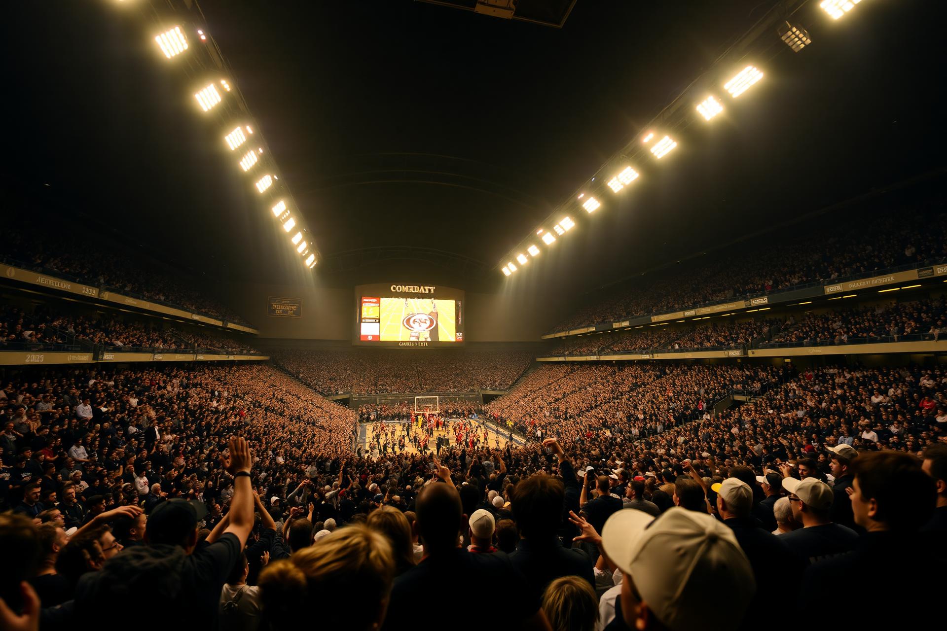 A packed college arena under the lights